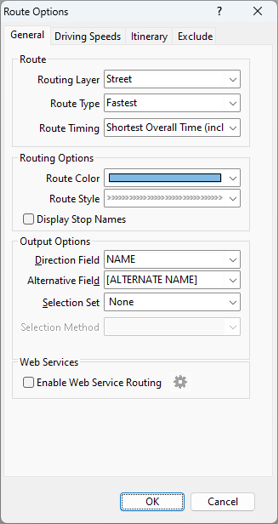 Route Options dialog box