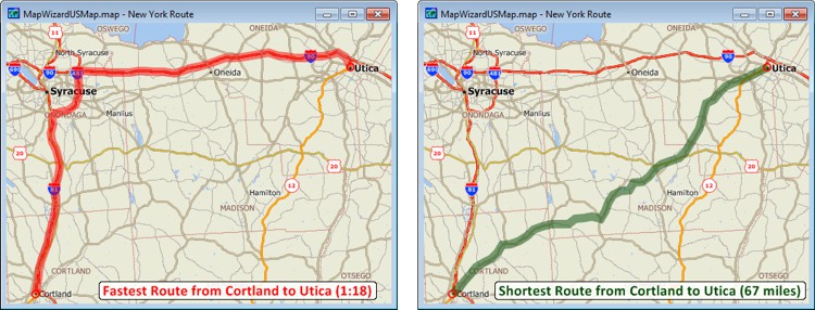 Map showing fastest and shortest routes between two locations