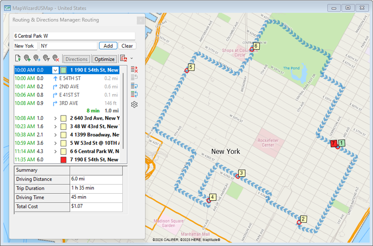 Routing and Directions Manager with map of route