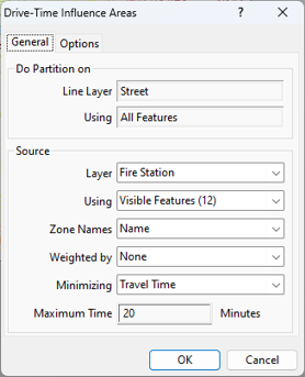 Drive-Time Influence Areas dialog box