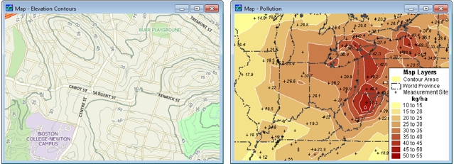 Elevation and pollution contour maps