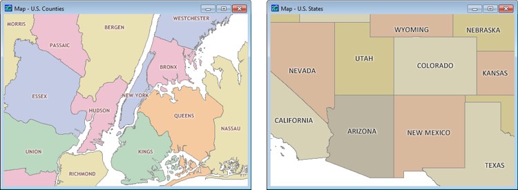 Maps of counties and states colored