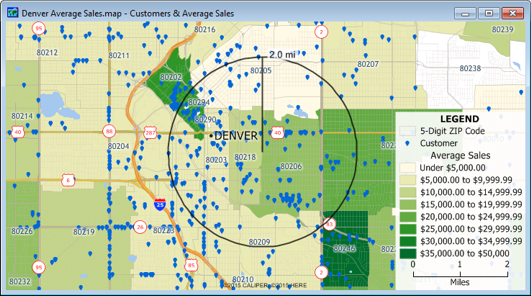 Map of sales by ZIP Code with 2-mile radius circle on it
