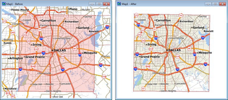 Map showing clipping a map for a county before and after