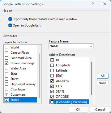 Google Earth Export Settings dialog box
