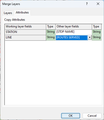 Merge Layers dialog box attributes tab
