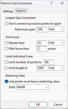 Point to Line Conversion dialog box Options tab