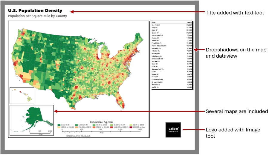 Layout with maps, dataview, title, and logo
