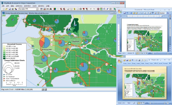 Map with income pie charts and in a Word document and PowerPoint slide