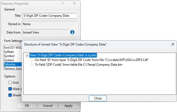 Dataview Properties and Structure of Joined View dialog boxes