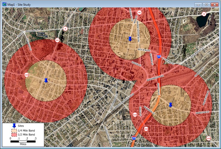 Map with site study bands over a satellite image background