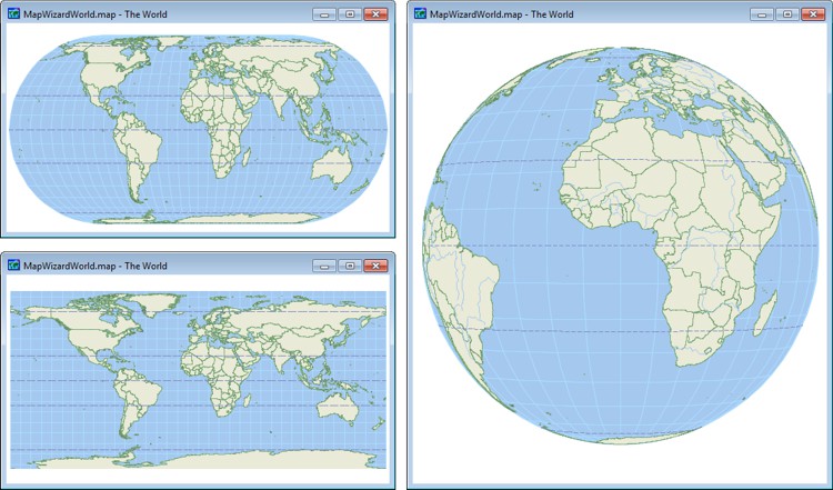 Three world map projections