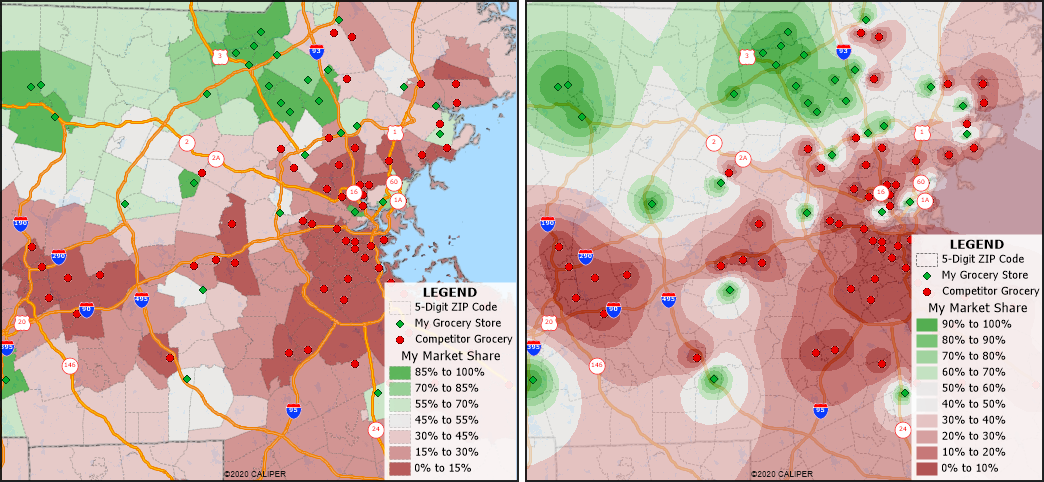 Market share maps based on areas and bands