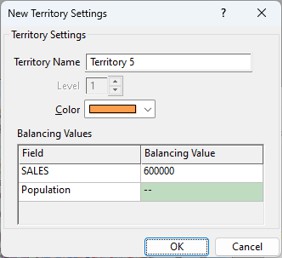 New Territory Settings dialog box