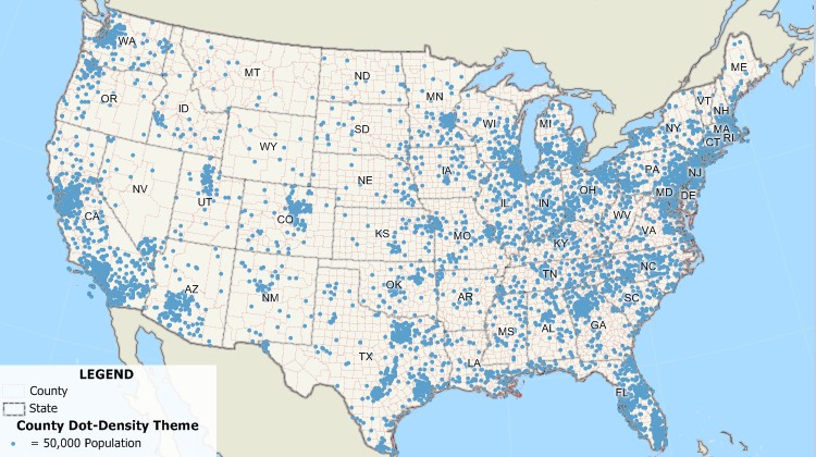 Dot-density map of US population