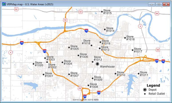Map showing stop locations that need to have deliveries from a central warehouse