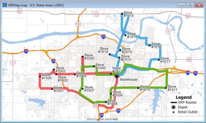 Map showing vehicle routes servicing multiple stops and accounting for time windows and vehicle capacity constraints