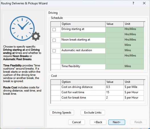 Routing Deliveries & Pickups Wizard driving settings