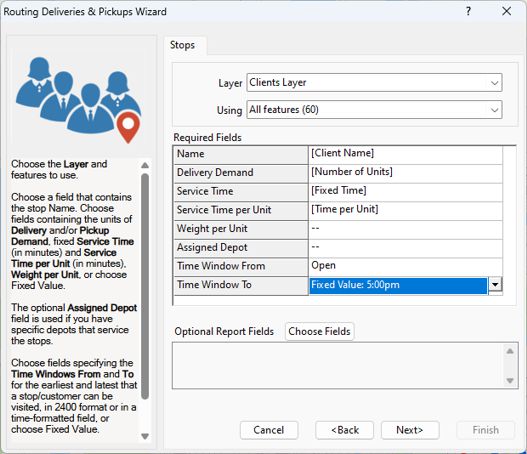 Routing Deliveries & Pickups Wizard stops settings