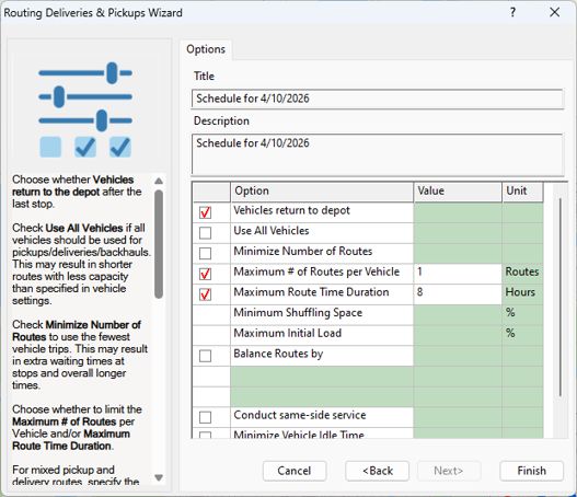 Routing Deliveries & Pickups Wizard options