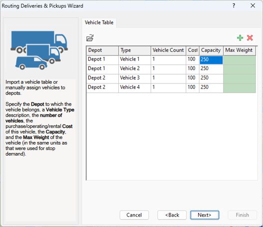 Routing Deliveries & Pickups Wizard vehicle settings