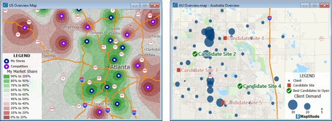 Maps showing market share comparison of stores and competitors and map showing best sites among a set of candidate sites
