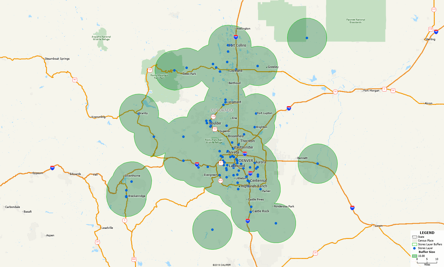 How Can I Find a List of all ZIP Codes within 10 Miles of my Data? Map of Buffers.