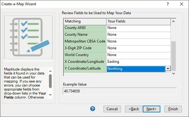 How do I use British National Grid Eastings and Northings in a Map? Review Fields Settings.
