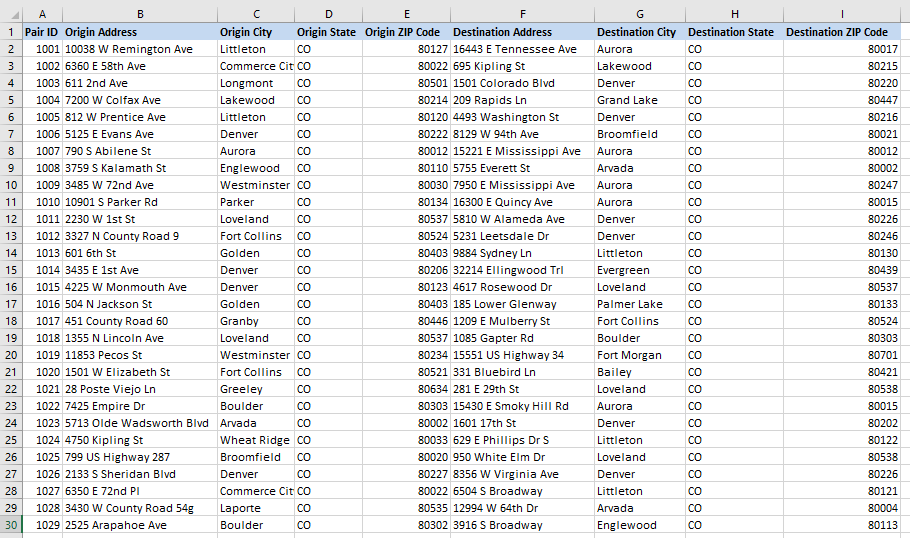 How do I Calculate Multiple Point-to-Point Driving Drive Times at Once? Table of Data.