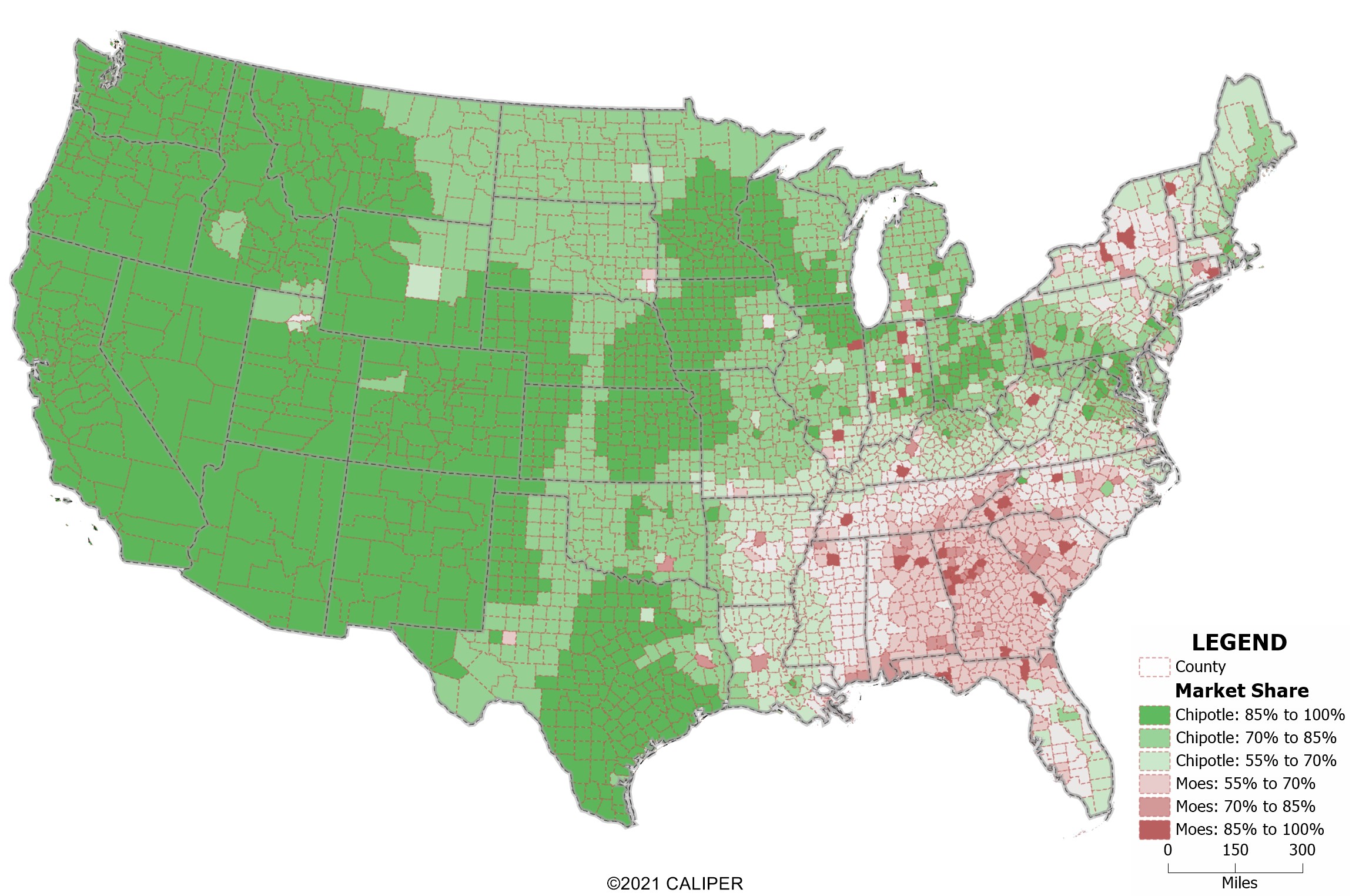 How do I calculate brand market share by region? Map of Chipotle and Moes market share.