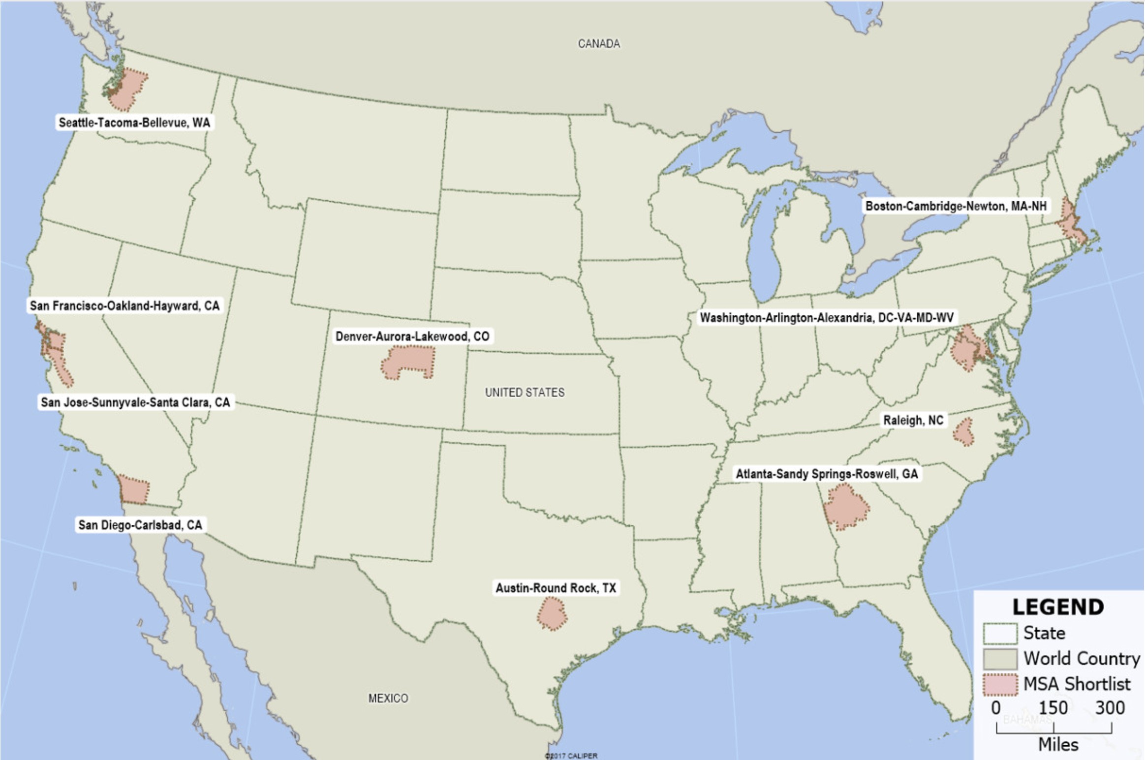 How to Perform a Site Location: Amazon HQ2 Location Case Study. Map of Eligible MSAs.