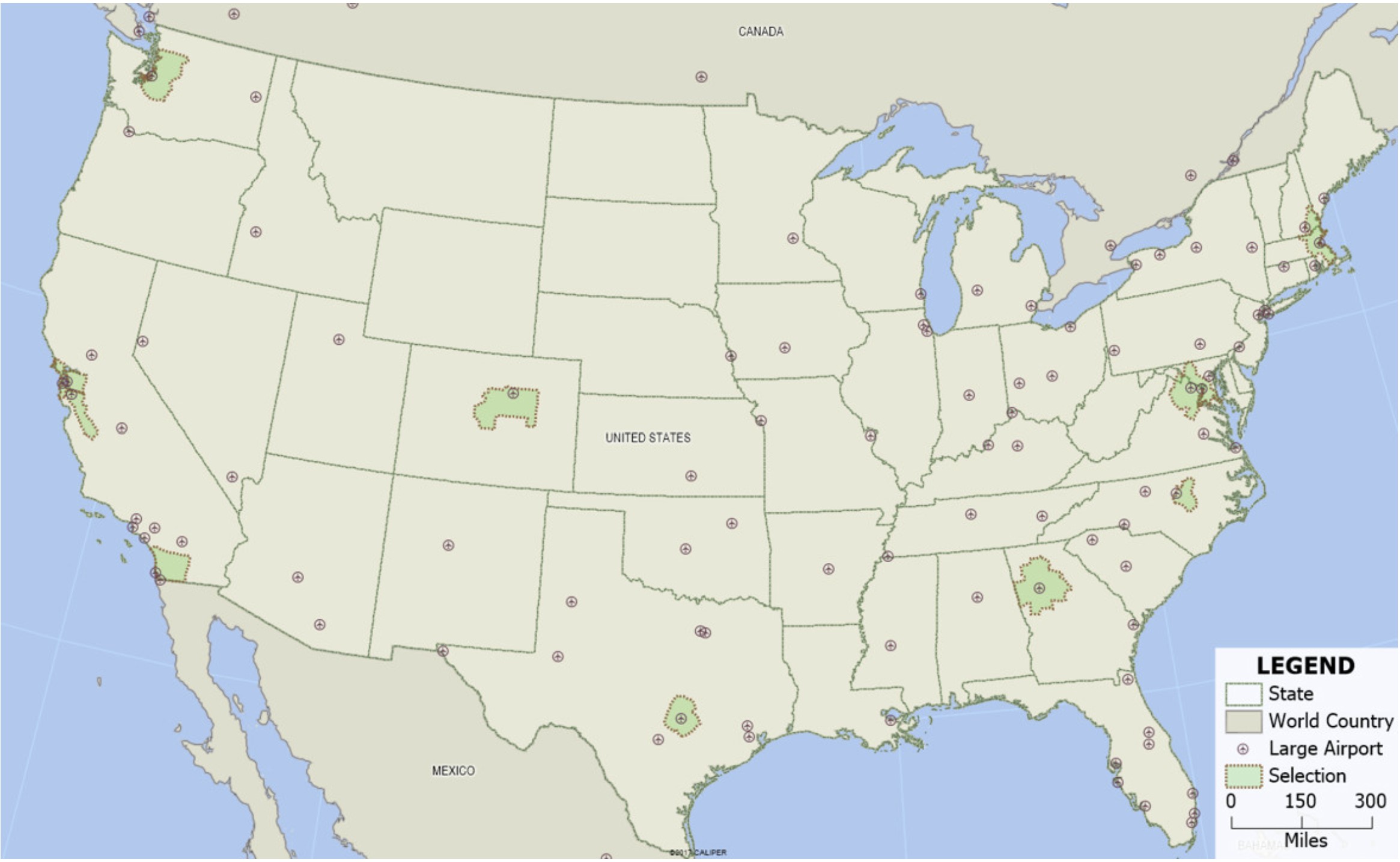 How to Perform a Site Location: Amazon HQ2 Location Case Study. Map of Major Airports.