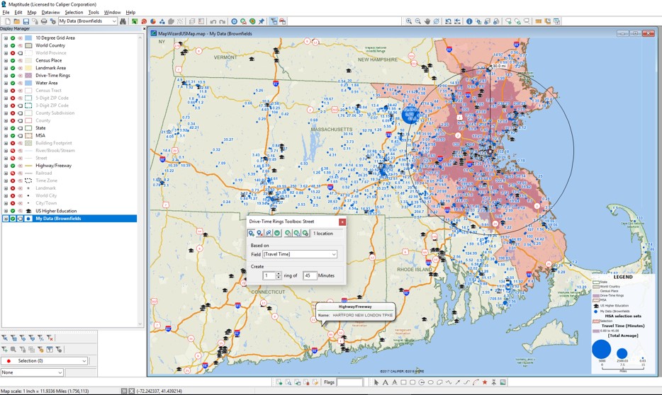 How to Perform a Site Location: Amazon HQ2 Location Case Study. Map of Brownfield Sites in Massachusetts with Large Acreage.