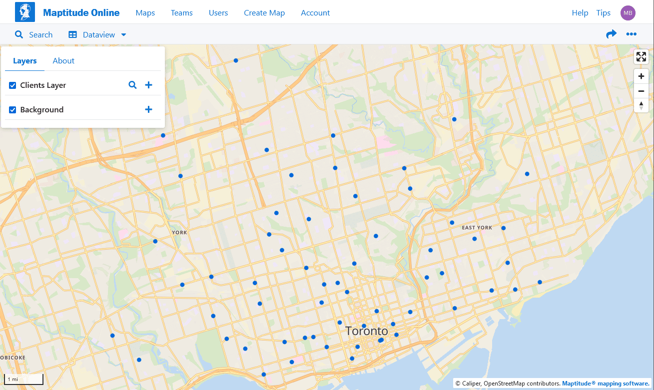 Can I use Maptitude Online with non-USA countries? Map of locations in Toronto.