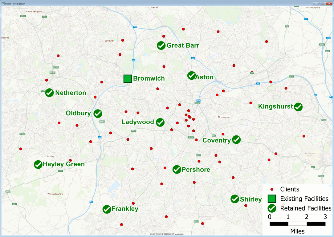 Map highlighting the recommended facilities to retain.