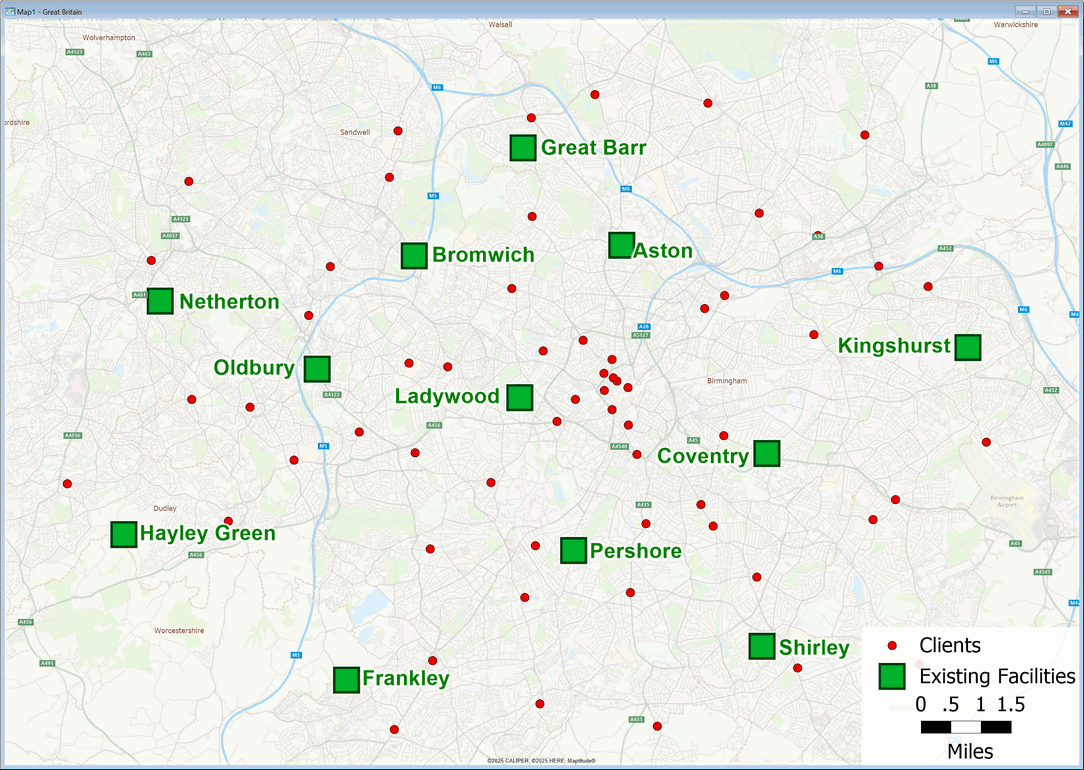 Map of client points and existing facilities