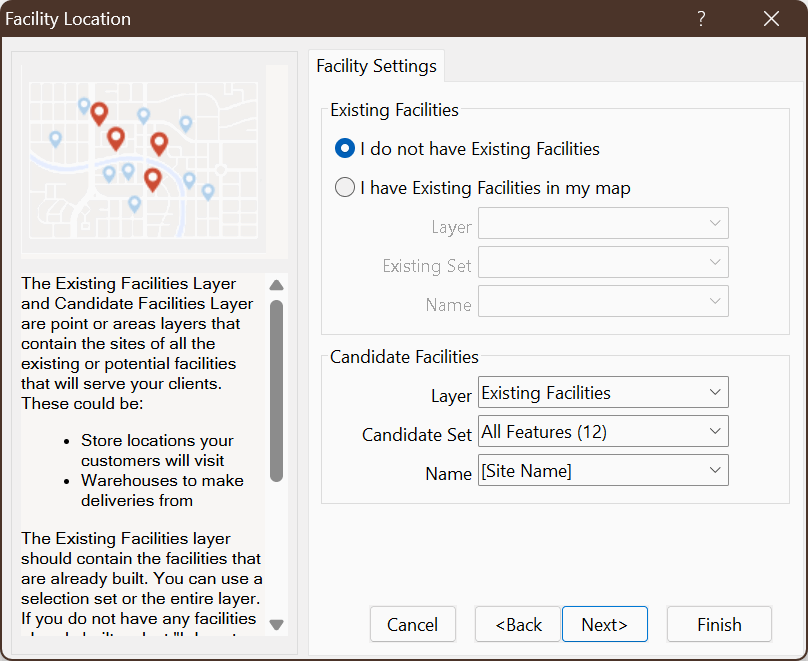 Choose your Existing Facilities layer for Candidates.