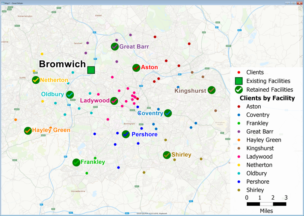 Facility Location output with theme on customers by facility.