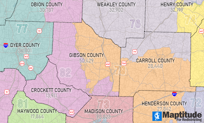 [IMAGE: Tennessee House of Representatives district map drawn with Maptitude for Redistricting]