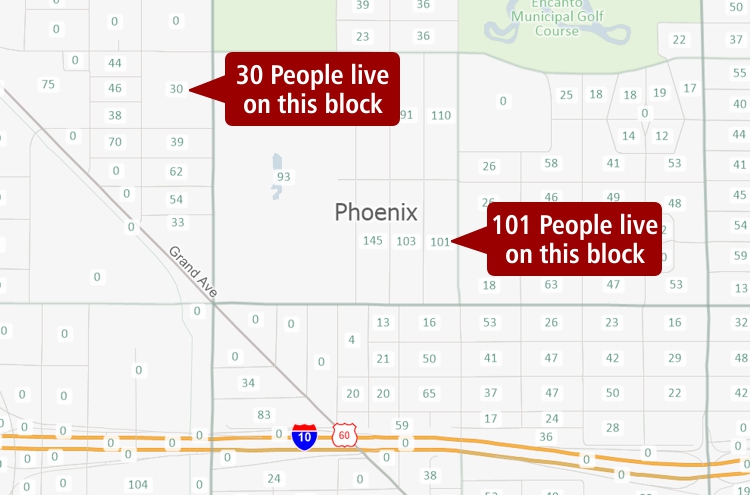 Map with population of each block labeled