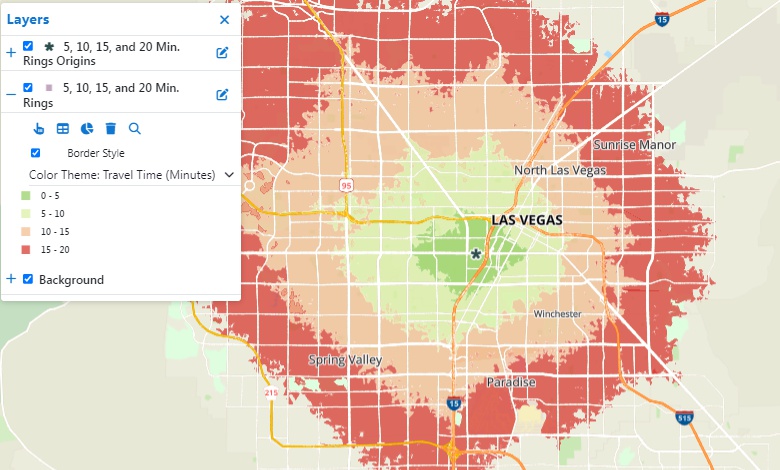 Maptitude Online map showing four 5-minute drive-time rings around a location