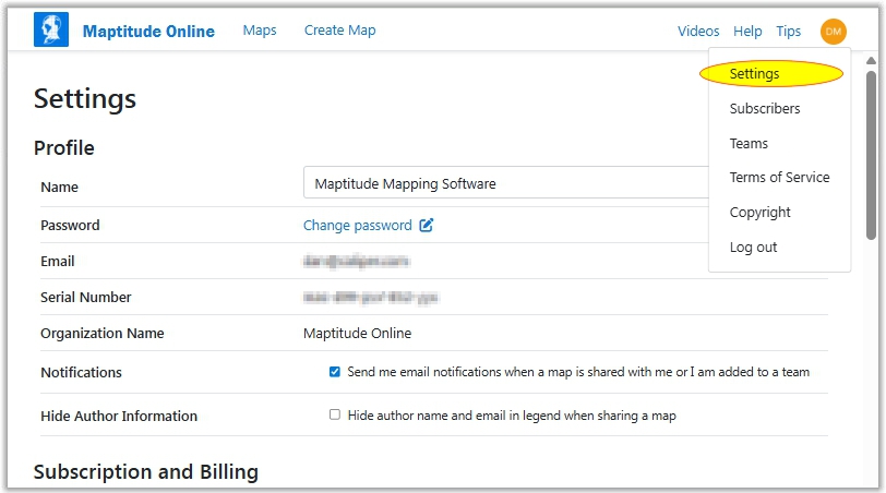 Maptitude Online Account Settings options