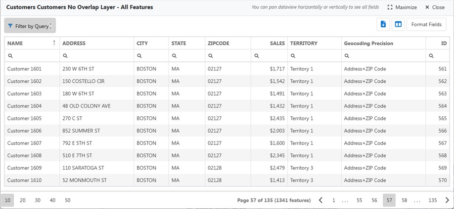 Maptitude Online tabular data view