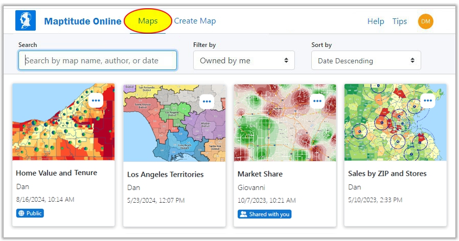 Maptitude Online maps organized in map cards on the home screen