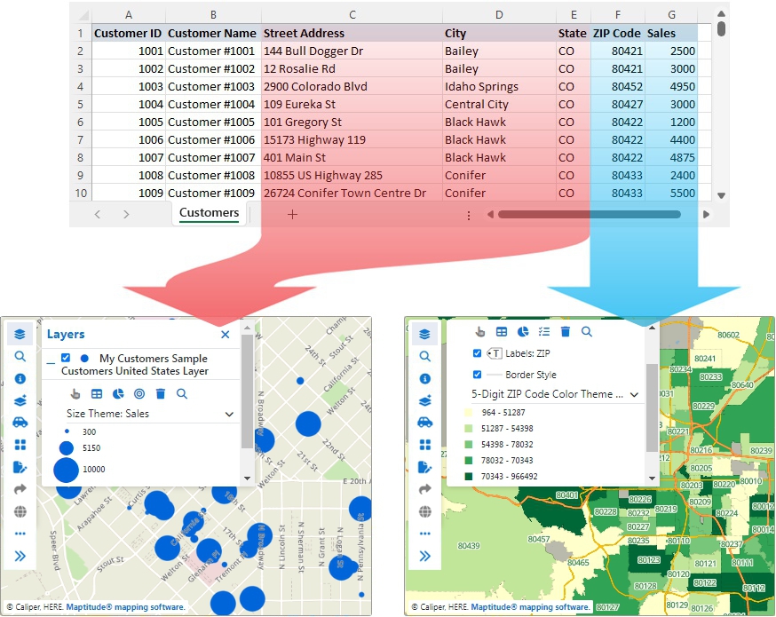 Illustration of how an Excel spreadsheet can be used in Maptitude Online for locating features or aggregating data to areas