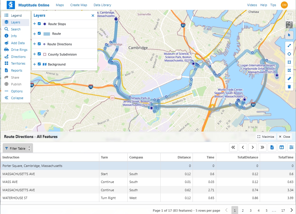 Map with directions to multiple stops and returning to the start