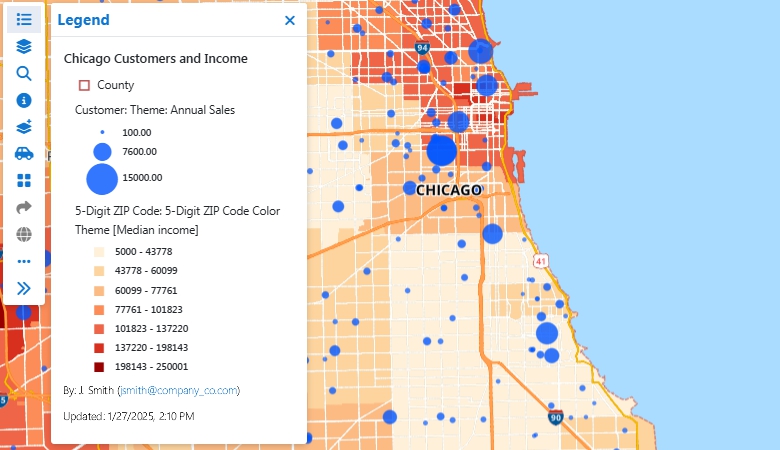 Maptitude Online map with legend showing the values for the color and pie chart themes visible on the map