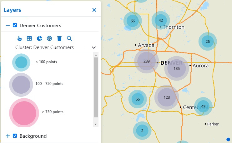 A Maptitude Online cluster theme of customer point locations