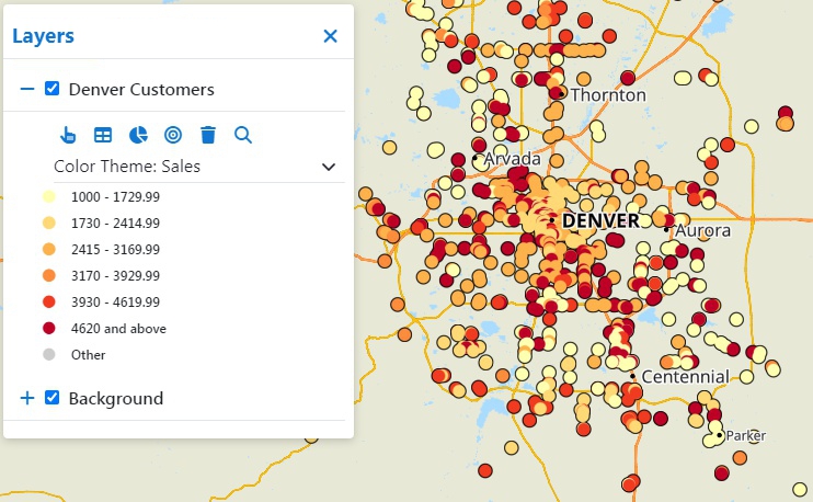 A Maptitude Online map of customers and a color theme ranging from light yellow to dark red indicating the value of sales for each customer