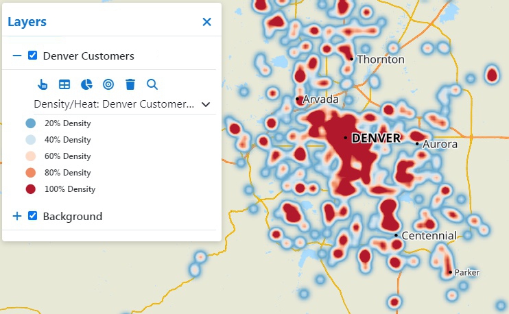 A Maptitude Online heat map of customer locations
